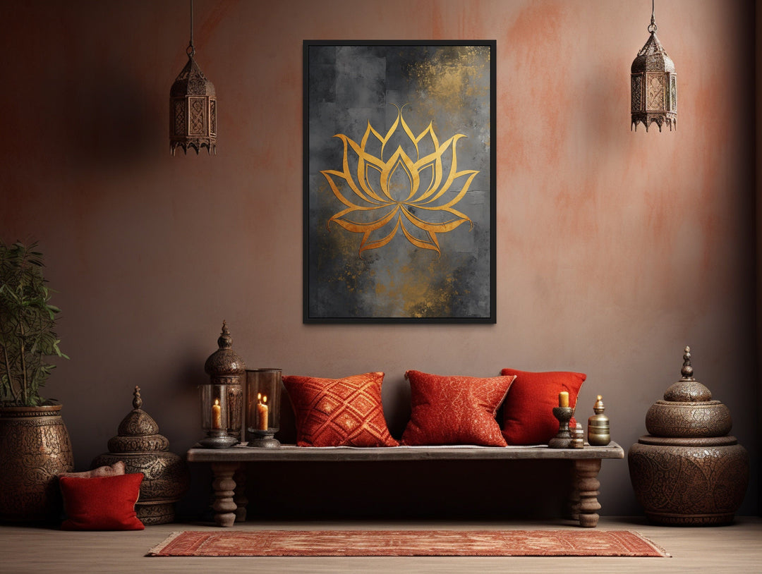 Minimalist Lotus Flower Zen Gold Silver Framed Canvas Wall Art