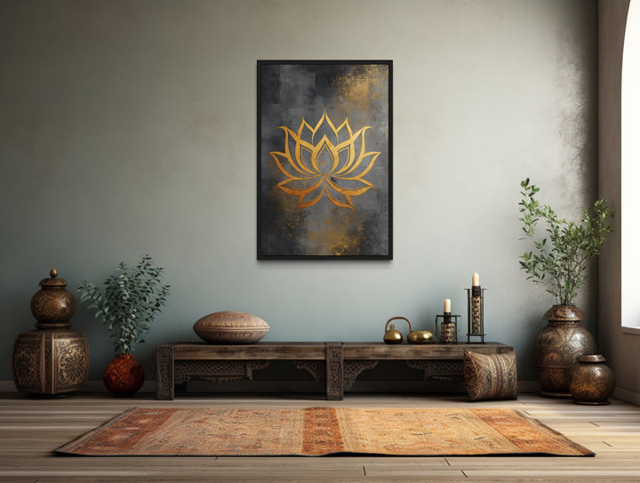 Minimalist Lotus Flower Zen Gold Silver Framed Canvas Wall Art