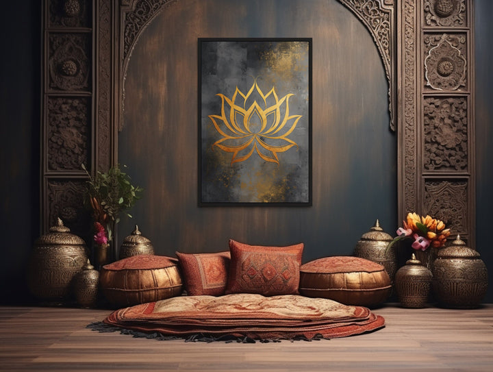 Minimalist Lotus Flower Zen Gold Silver Framed Canvas Wall Art