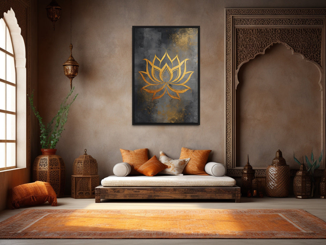 Minimalist Lotus Flower Zen Gold Silver Framed Canvas Wall Art