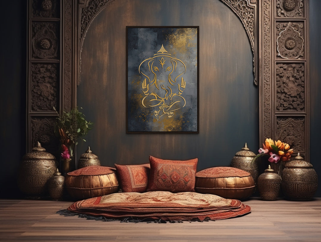 Minimalist gold Lord Ganesha framed canvas wall art in a traditional Indian meditation room setting.