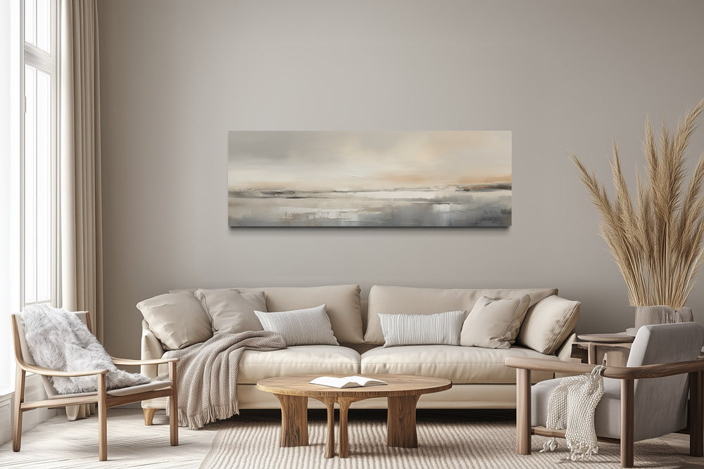 Minimalist Neutral Abstract Watercolor Ocean Beach Horizontal Over Bed Wall Art