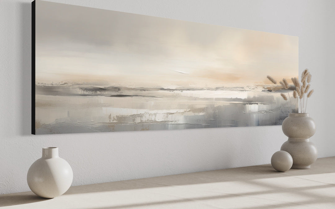Minimalist Neutral Abstract Watercolor Ocean Beach Horizontal Over Bed Wall Art