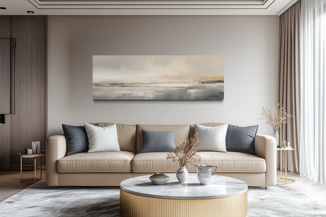 Minimalist Neutral Abstract Watercolor Ocean Beach Horizontal Over Bed Wall Art