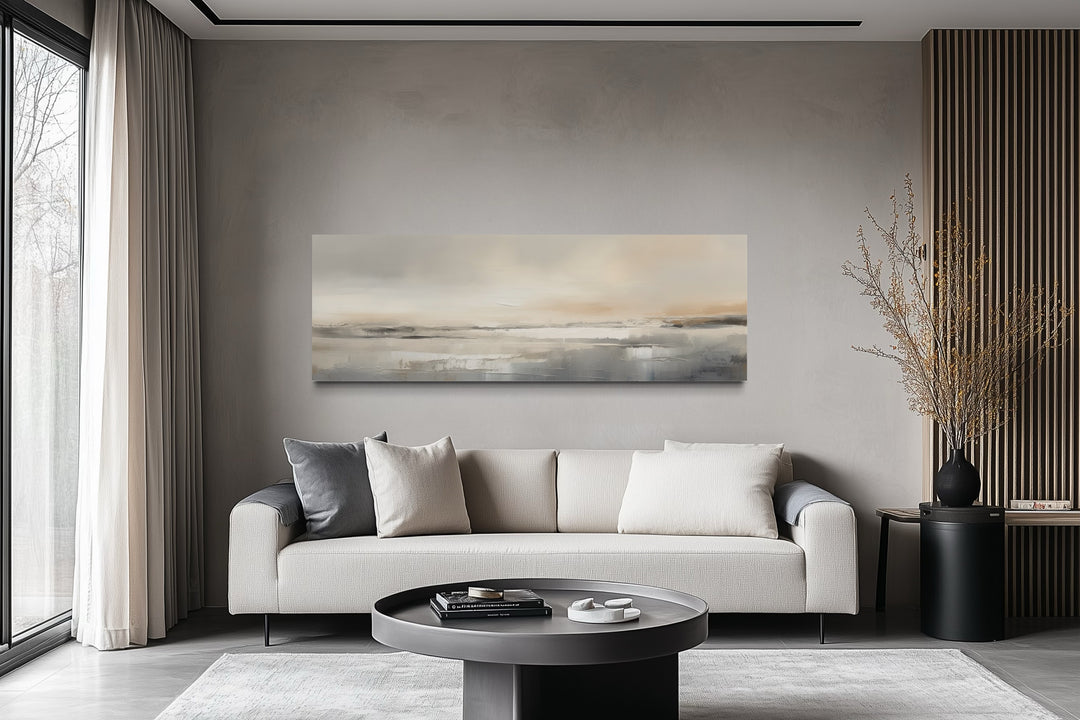 Minimalist Neutral Abstract Watercolor Ocean Beach Horizontal Over Bed Wall Art