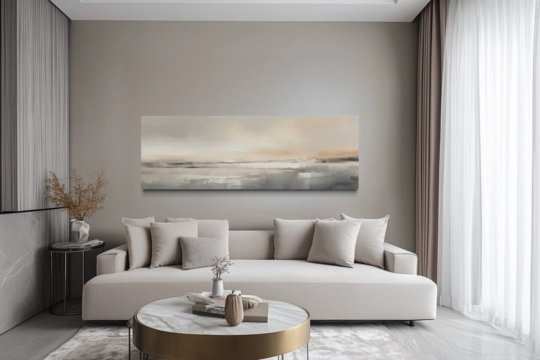 Minimalist Neutral Abstract Watercolor Ocean Beach Horizontal Over Bed Wall Art