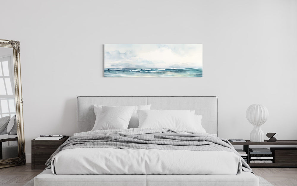 Minimalist Ocean Blue Gray Horizontal Over Bed Framed Canvas Wall Art