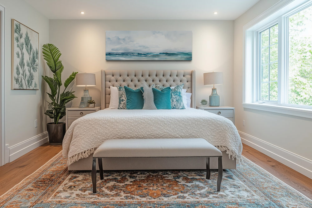 Minimalist Ocean Blue Gray Horizontal Over Bed Framed Canvas Wall Art
