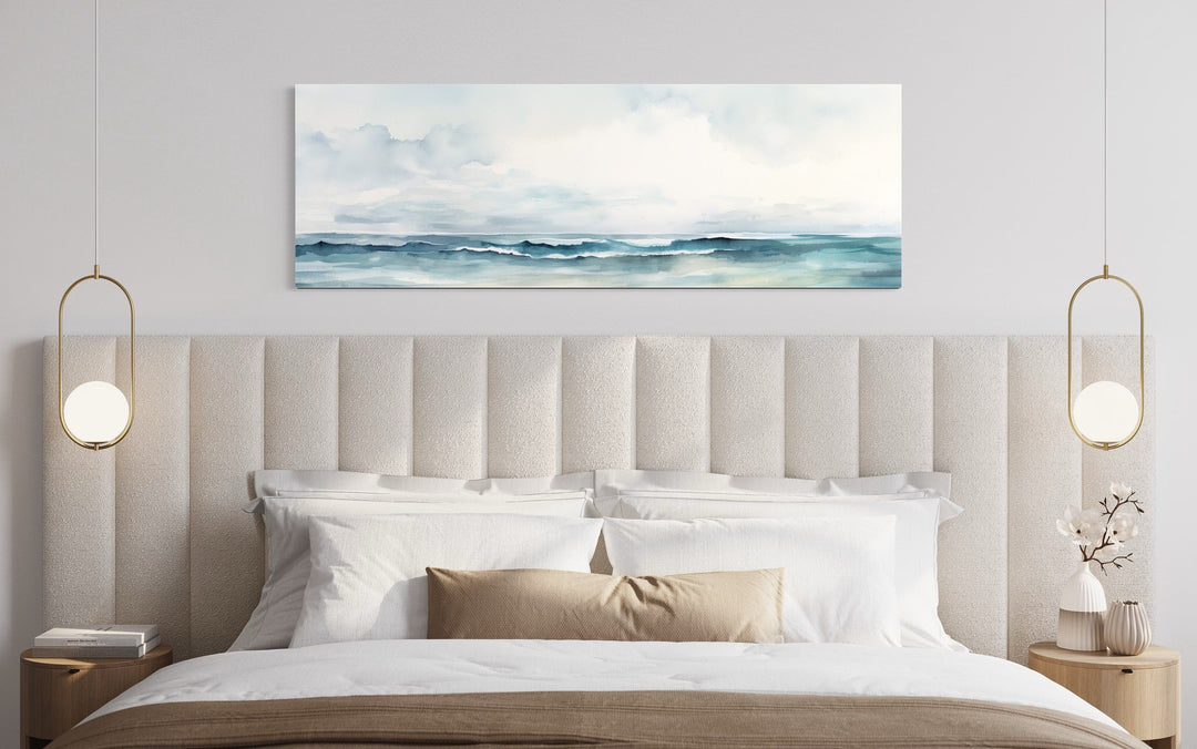 Minimalist Ocean Blue Gray Horizontal Over Bed Framed Canvas Wall Art