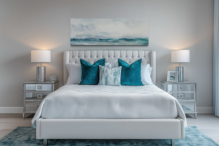 Minimalist Ocean Blue Gray Horizontal Over Bed Framed Canvas Wall Art