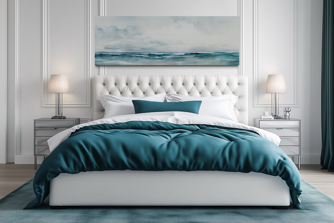 Minimalist Ocean Blue Gray Horizontal Over Bed Framed Canvas Wall Art