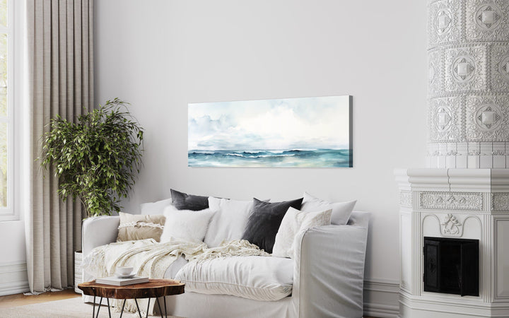 Minimalist Ocean Blue Gray Horizontal Over Bed Framed Canvas Wall Art