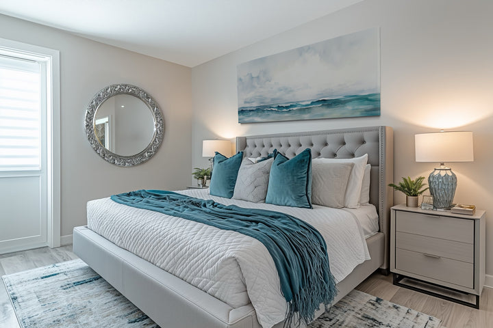 Minimalist Ocean Blue Gray Horizontal Over Bed Framed Canvas Wall Art