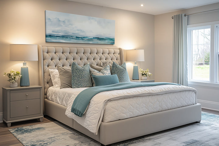 Minimalist Ocean Blue Gray Horizontal Over Bed Framed Canvas Wall Art