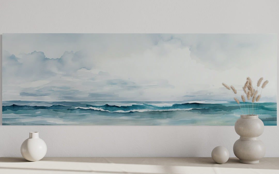 Minimalist Ocean Blue Gray Horizontal Over Bed Framed Canvas Wall Art