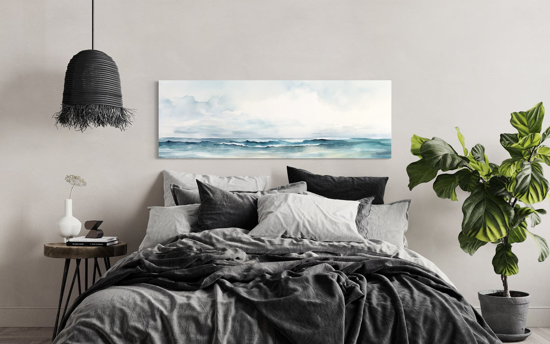 Minimalist Ocean Blue Gray Horizontal Over Bed Framed Canvas Wall Art