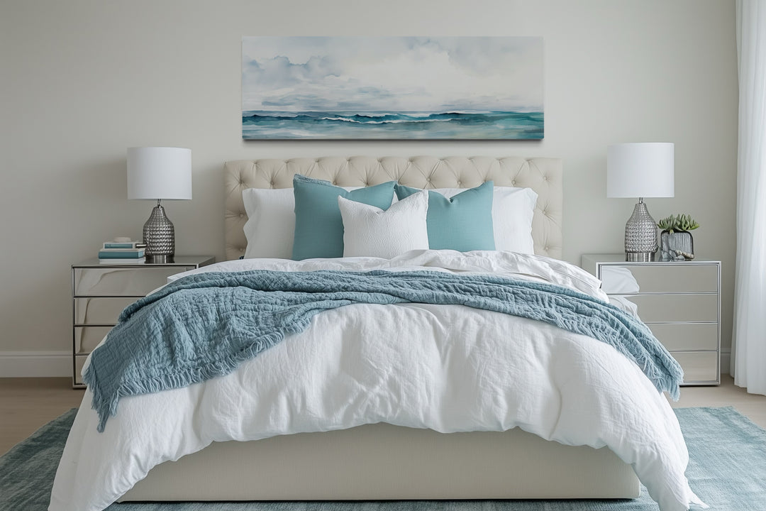 Minimalist Ocean Blue Gray Horizontal Over Bed Framed Canvas Wall Art
