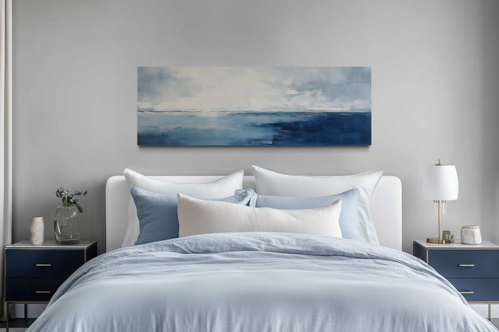 Minimalist Ocean Navy Blue Grey Panoramic Framed Canvas Wall Art