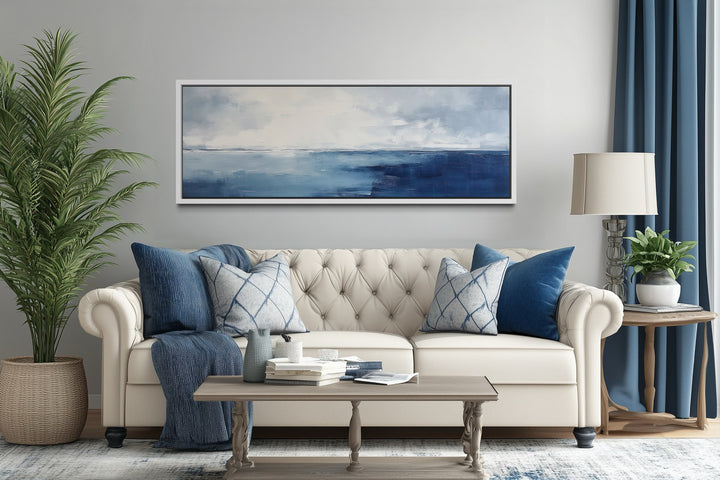 Minimalist Ocean Navy Blue Grey Panoramic Framed Canvas Wall Art