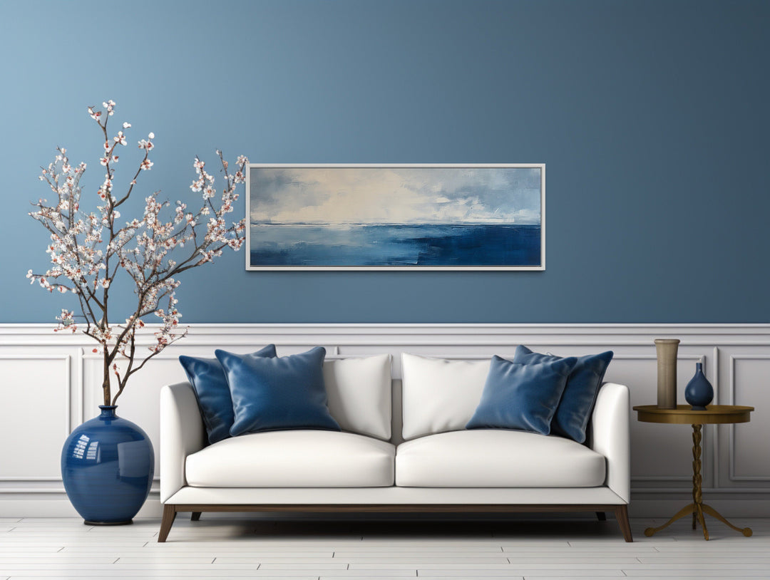 Minimalist Ocean Navy Blue Grey Panoramic Framed Canvas Wall Art