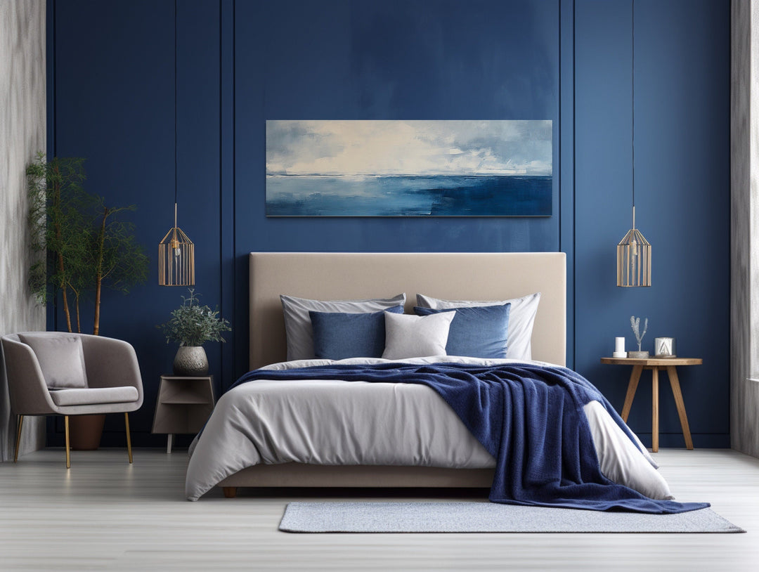 Minimalist Ocean Navy Blue Grey Panoramic Framed Canvas Wall Art