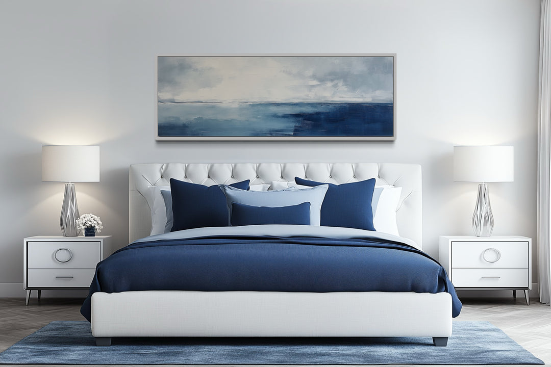 Minimalist Ocean Navy Blue Grey Panoramic Framed Canvas Wall Art