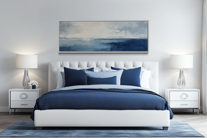Minimalist Ocean Navy Blue Grey Panoramic Framed Canvas Wall Art