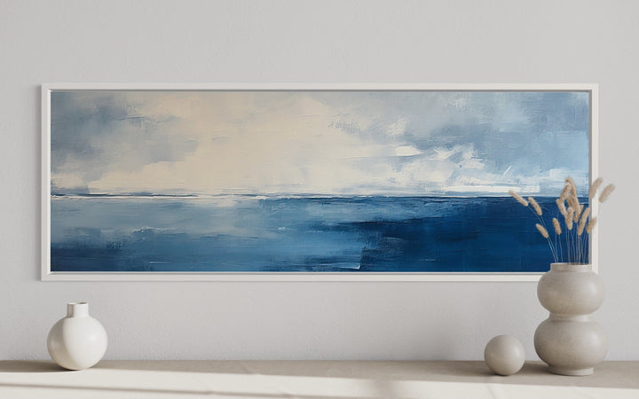 Minimalist Ocean Navy Blue Grey Panoramic Framed Canvas Wall Art