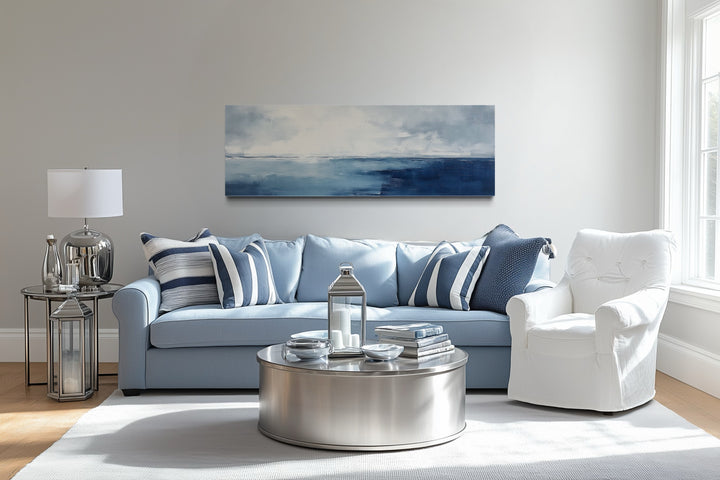 Minimalist Ocean Navy Blue Grey Panoramic Framed Canvas Wall Art