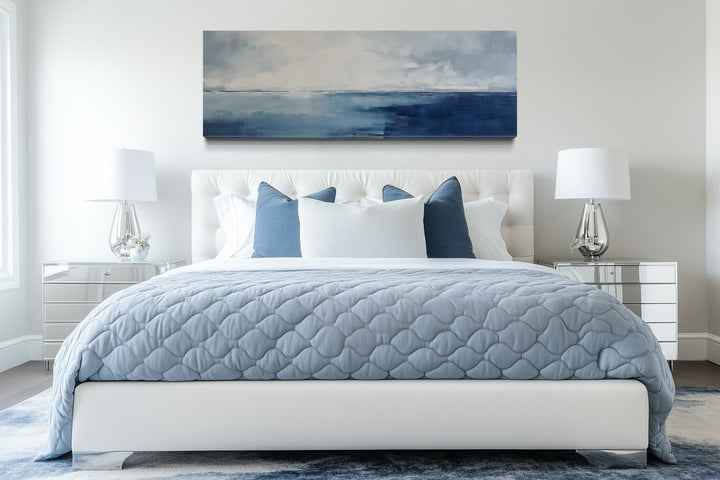 Minimalist Ocean Navy Blue Grey Panoramic Framed Canvas Wall Art