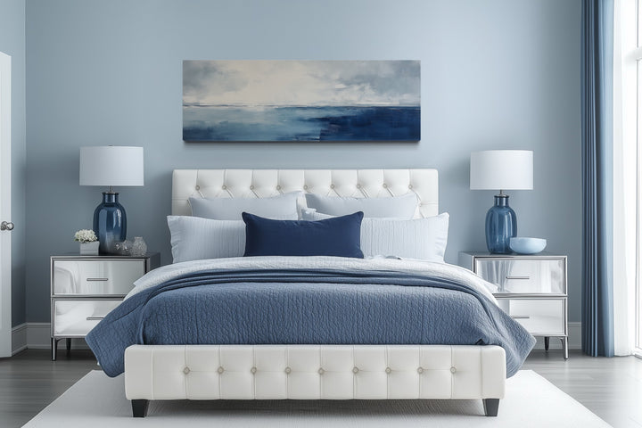 Minimalist Ocean Navy Blue Grey Panoramic Framed Canvas Wall Art