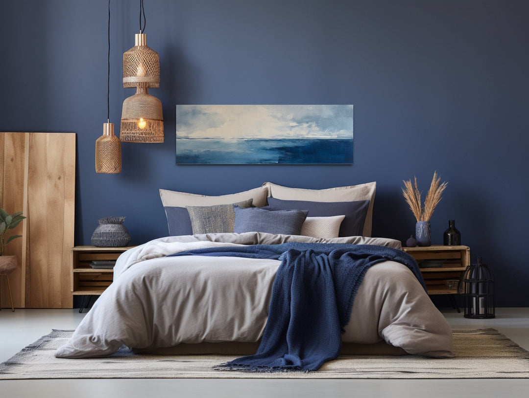 Minimalist Ocean Navy Blue Grey Panoramic Framed Canvas Wall Art