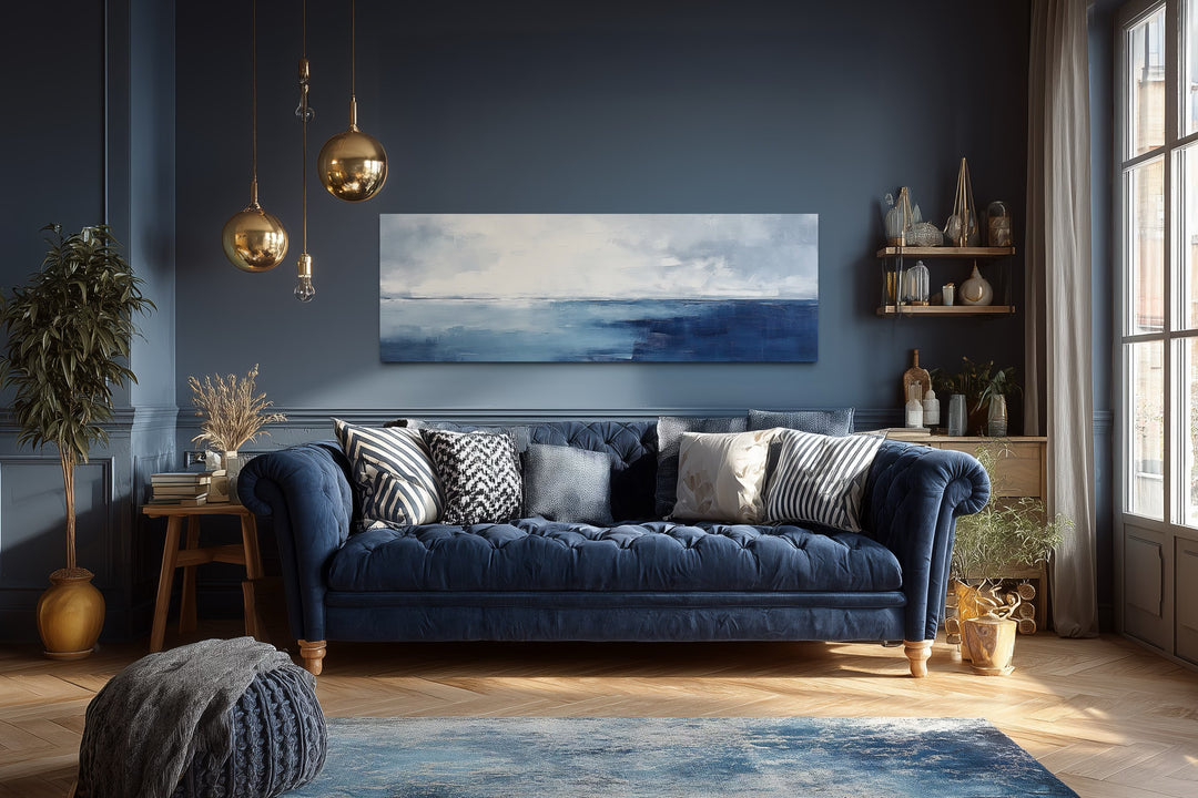 Minimalist Ocean Navy Blue Grey Panoramic Framed Canvas Wall Art