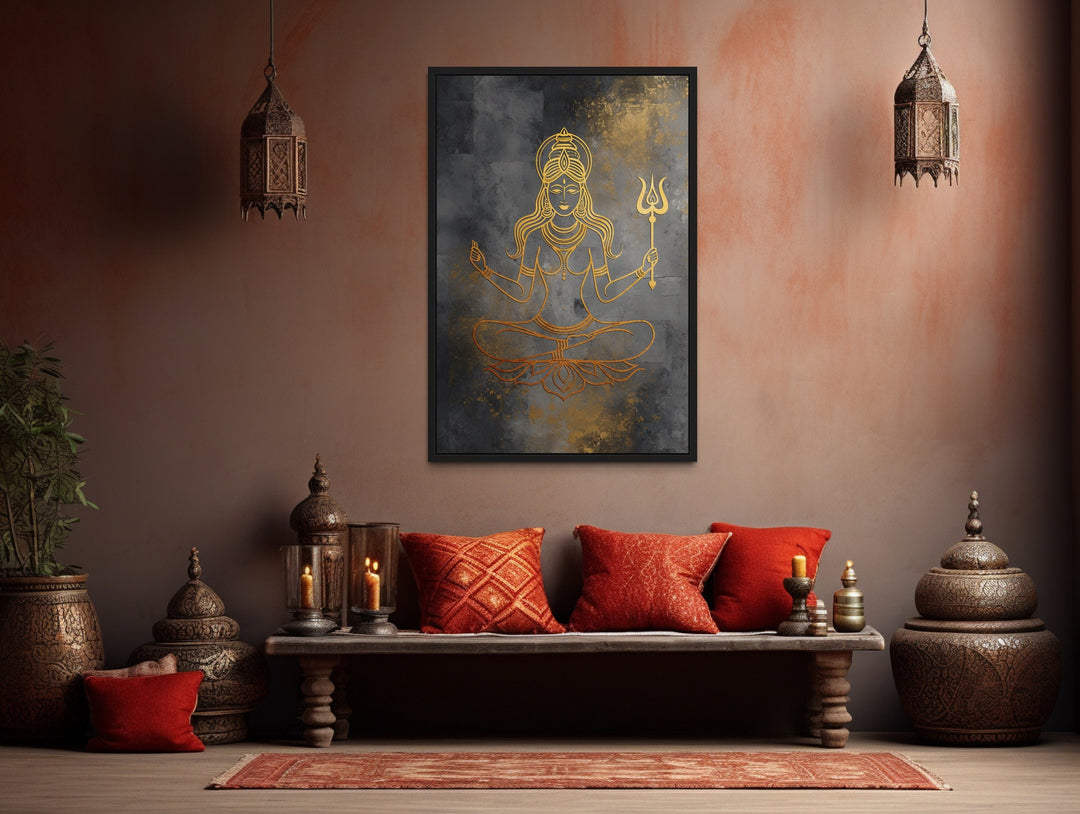 Minimalist Parvati Gold Silver Indian Goddess Framed Canvas Wall Art