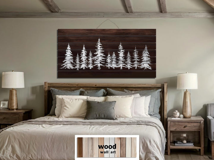 Minimalist Pine Trees On Brown Background Distressed Wood Wall Art