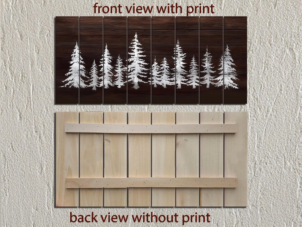 Minimalist Pine Trees On Brown Background Distressed Wood Wall Art