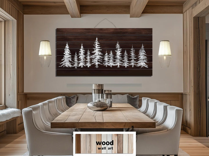 Minimalist Pine Trees On Brown Background Distressed Wood Wall Art