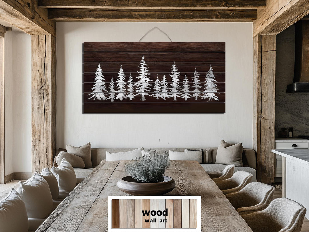 Minimalist Pine Trees On Brown Background Distressed Wood Wall Art