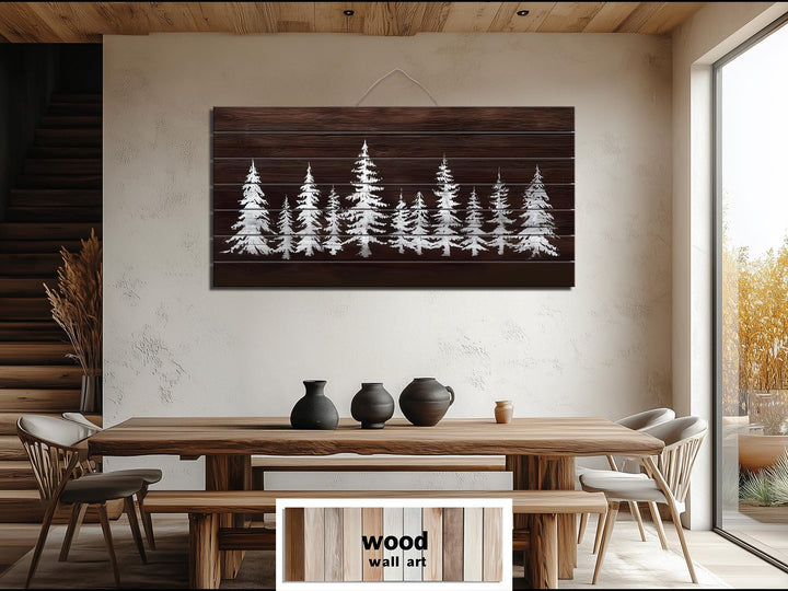 Minimalist Pine Trees On Brown Background Distressed Wood Wall Art