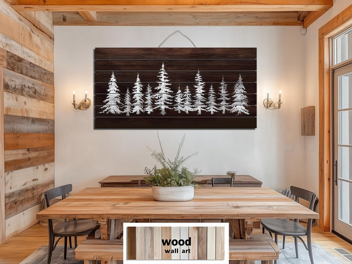 Minimalist Pine Trees On Brown Background Distressed Wood Wall Art