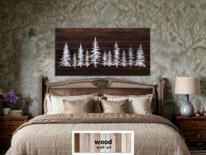 Minimalist Pine Trees On Brown Background Distressed Wood Wall Art