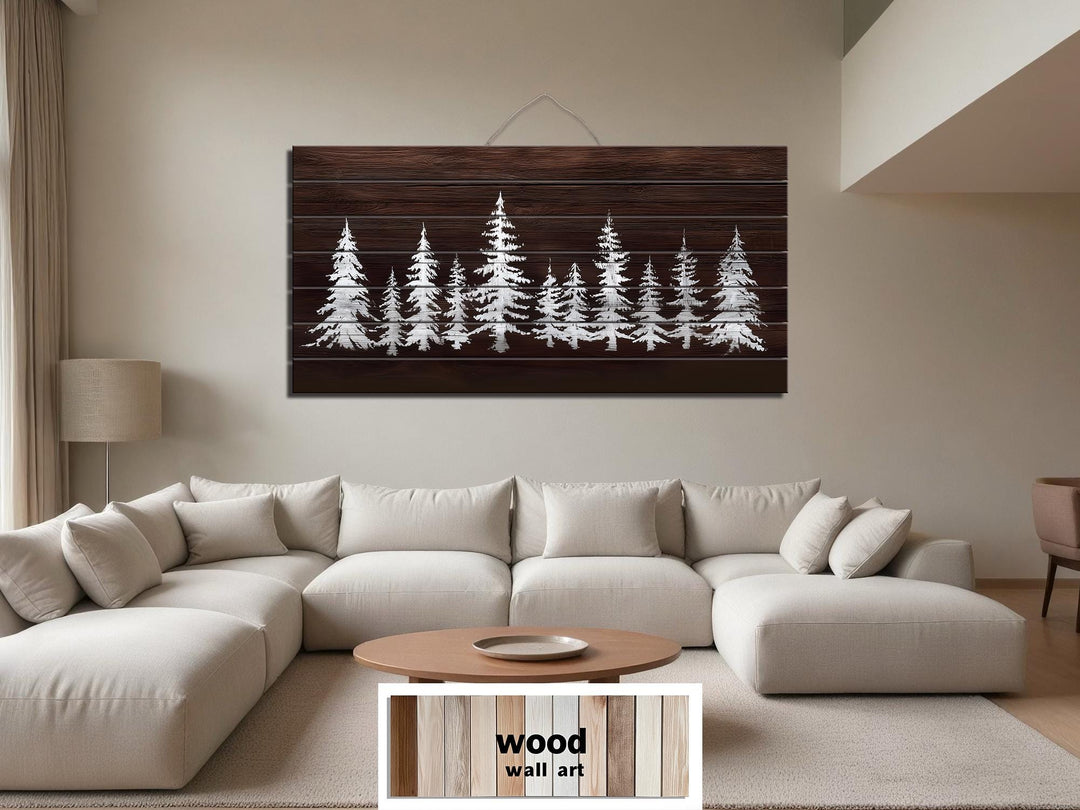 Minimalist Pine Trees On Brown Background Distressed Wood Wall Art