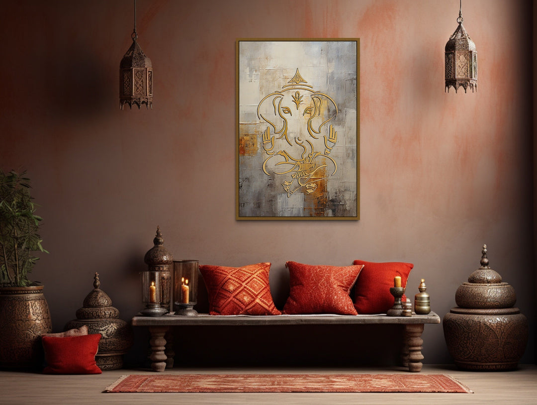 Minimalist White Gold Ganesha Indian Framed Canvas Wall Art