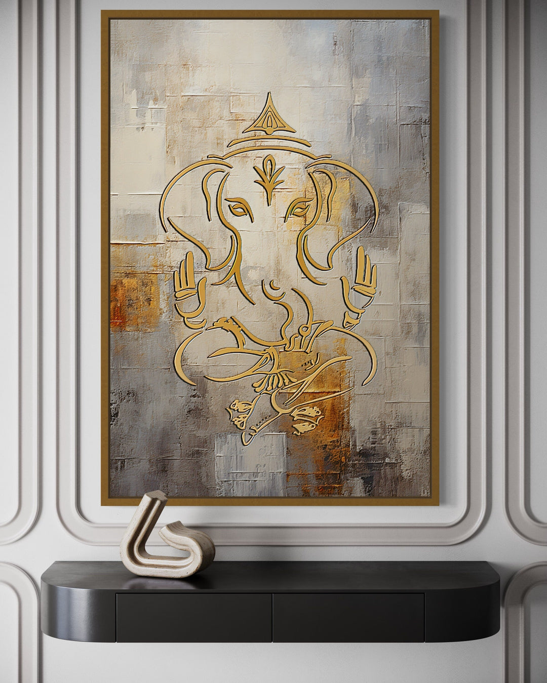 Minimalist White Gold Ganesha Indian Framed Canvas Wall Art