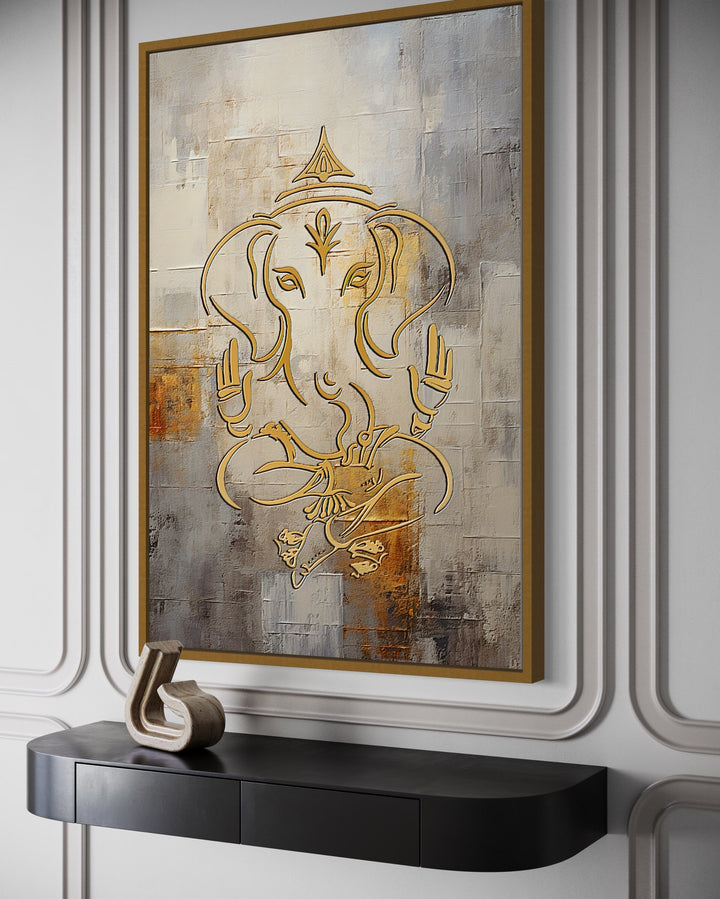 Minimalist White Gold Ganesha Indian Framed Canvas Wall Art