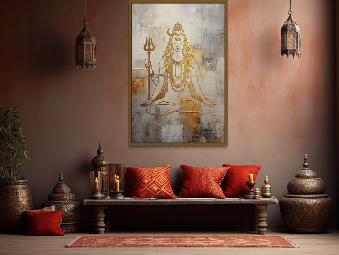 Minimalist White Gold Lord Shiva Painting Framed Indian Canvas Wall Art