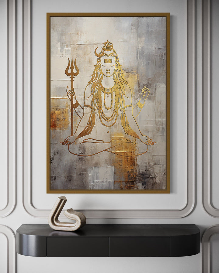 Minimalist White Gold Lord Shiva Painting Framed Indian Canvas Wall Art