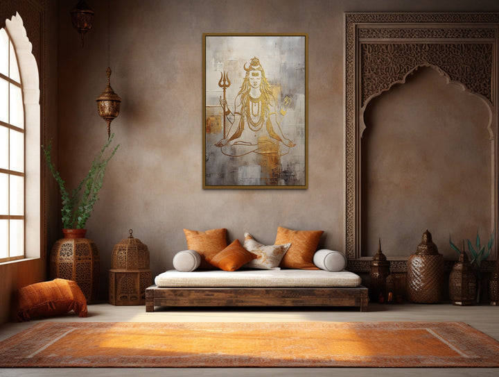 Minimalist White Gold Lord Shiva Painting Framed Indian Canvas Wall Art