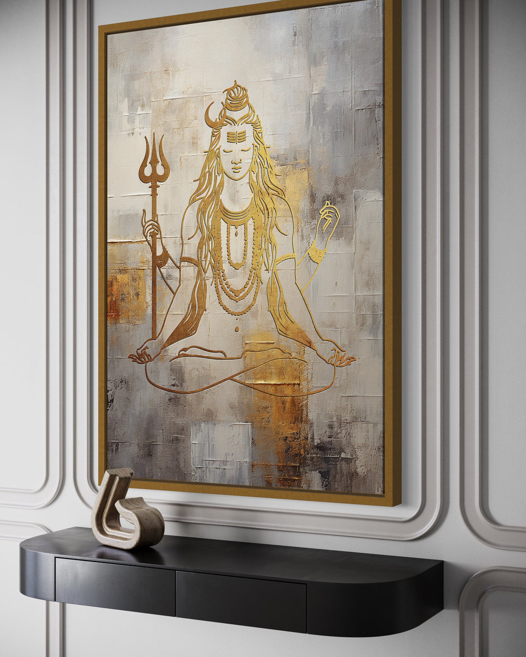 Minimalist White Gold Lord Shiva Painting Framed Indian Canvas Wall Art