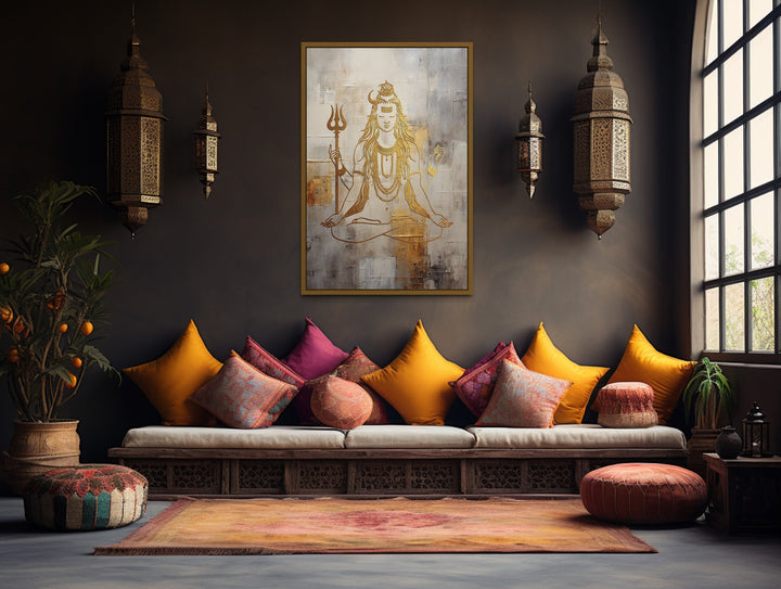 Minimalist White Gold Lord Shiva Painting Framed Indian Canvas Wall Art